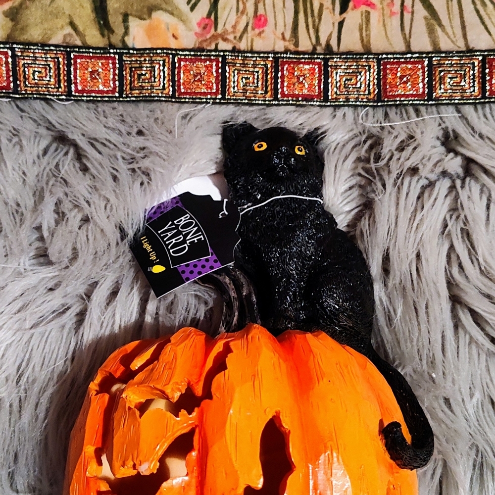 NWT Black Cat on Prelit Orange Pumpkin with Bats Cutout Decoration Figurine